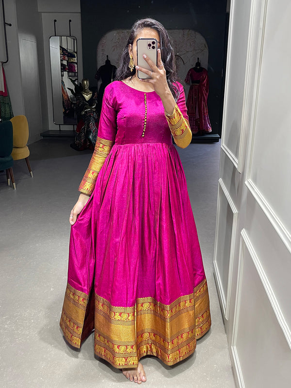 Pink Color Zari Weaving Work Narayan Pet Cotton Dress