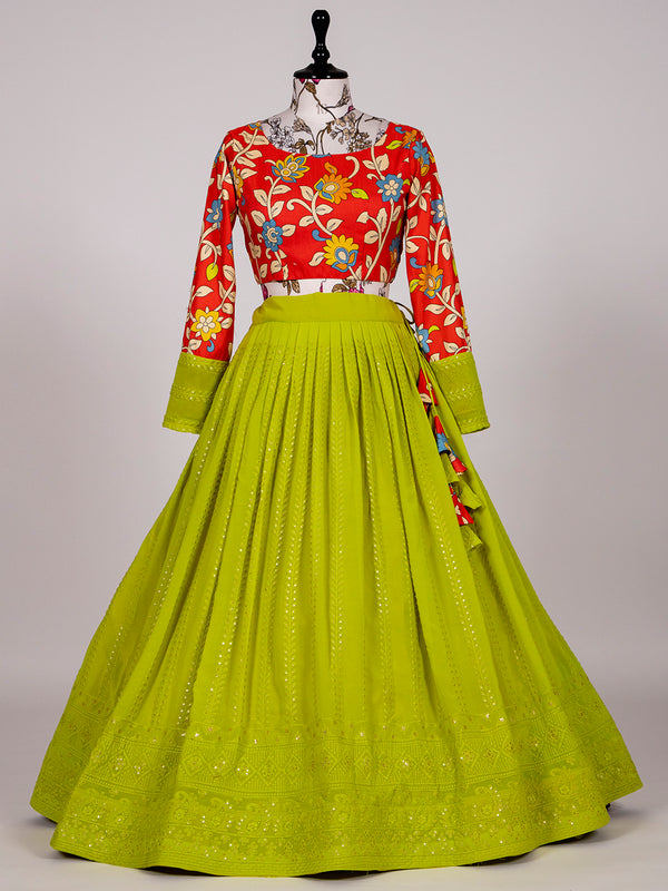 Pista Color Lucknowi Sequins Embroidery Work Lehenga Crop Top