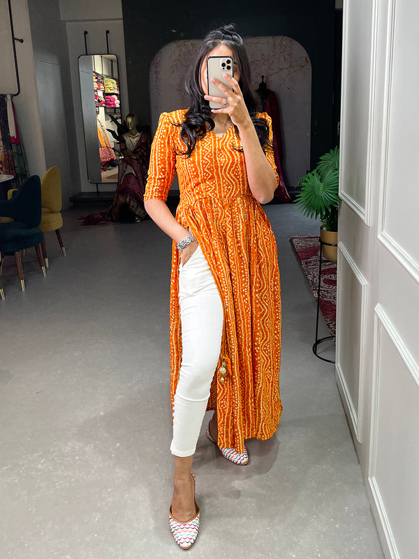 Orange Color Foil and Printed Pure Cotton Kurti