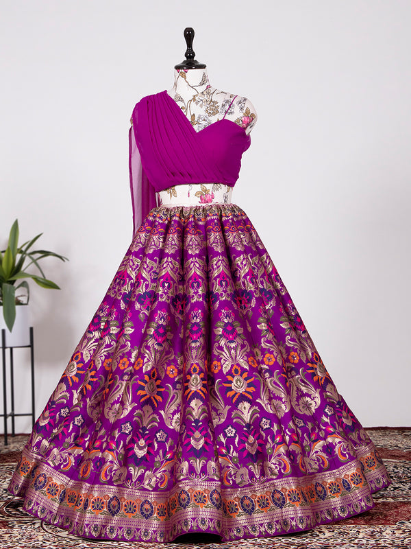 Purple Color Weaving Zari Work Banarasi Silk Co-ord Set Lehenga With Georgette Choli