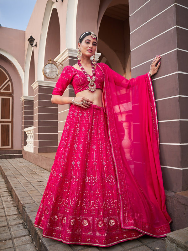 Rani Pink Color Lucknowi With Sequins Work Georgette Lehenga Choli