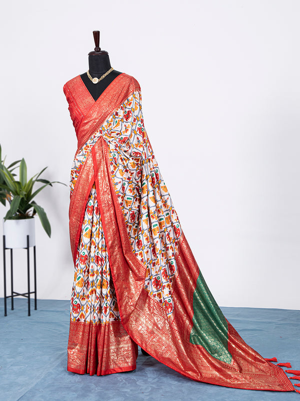 Red Color Patola Print with Foil Work Dola Silk Saree