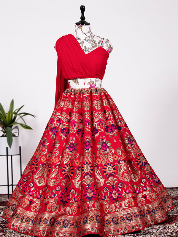Red Color Weaving Zari Work Banarasi Silk Co-ord Set Lehenga With Georgette Choli