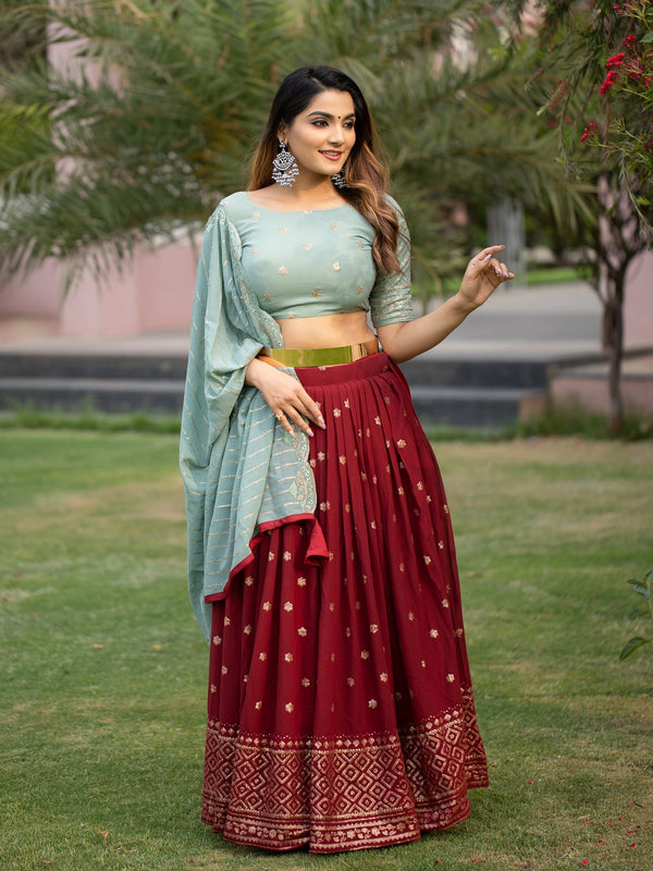 Maroon Color Thread And Sequins Embroidery Work Georgette New Lehenga Choli Set
