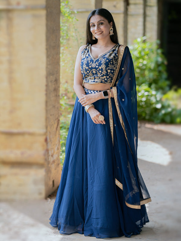 Navy Blue Georgette Sequins And Thread Embroidery Work Lehenga Choli