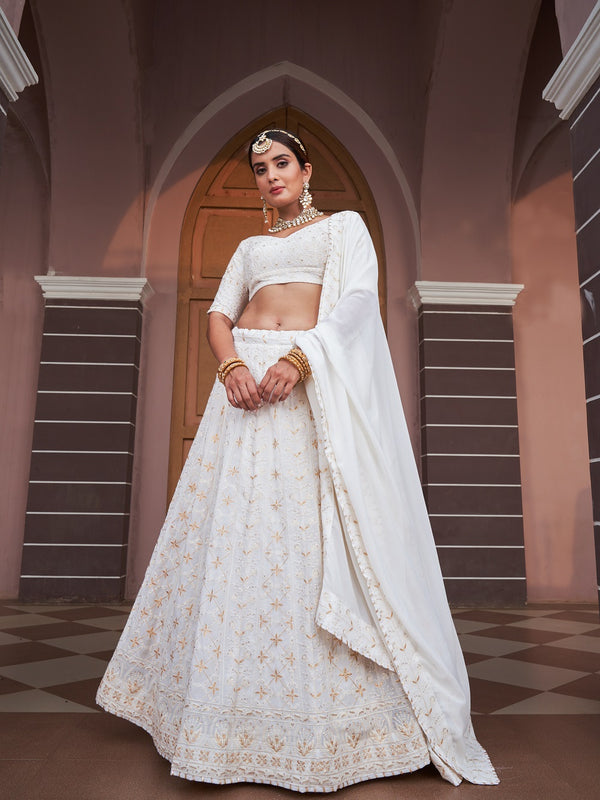 White Color Lucknowi With Sequins Work Georgette Lehenga Choli