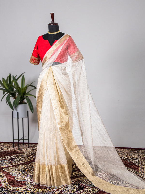 White Color Weaving Zari Work Organza Chex saree