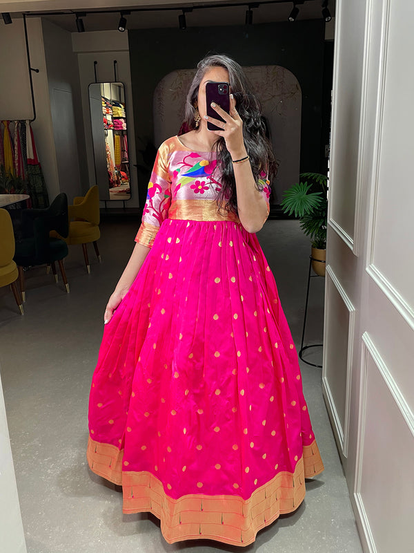 Pink Color Weaving Zari Work Jacquard Silk Paithani Dress